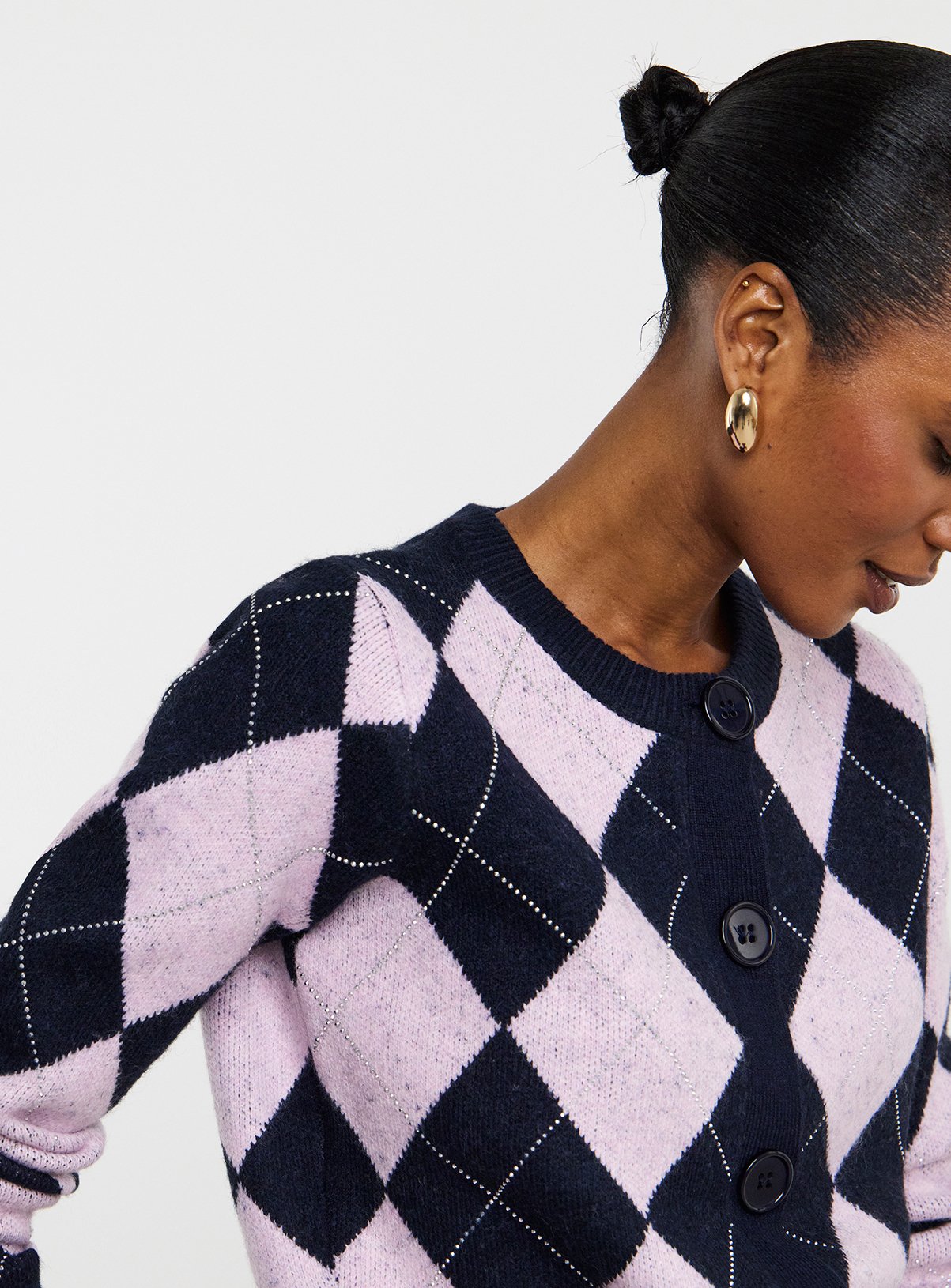 JD WILLIAMS Diamante Argyle Crew Neck Cardigan 12-14 - Image 4 thumbnail